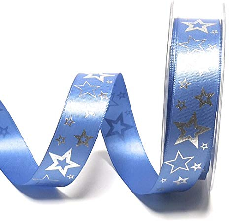 Schleifenband 20m x 25mm Satinband blau - silber Sterne Dekoband [6085]