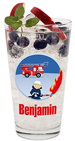 Stirefchen® Trinkglas für Kinder mit Namen personalisiert, Motivauswahl, 300 ml (Feuerwehrmann)