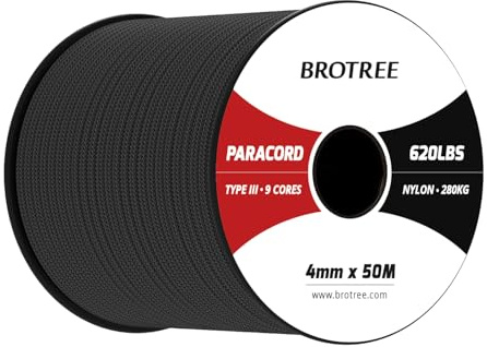 Brotree Paracord 4mm 9 Hebras Cuerda Nylon 50M Tipo III - 280KG MAX | Negro, Cuerda de Paracaídas, 100% Nylon, UV Resistencia, Supervivencia, Al Aire Libre, Bricolaje