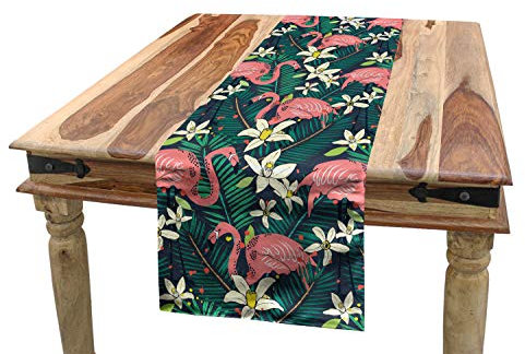 ABAKUHAUS Flamingo Tischläufer, Tropic Natur, Wilde, Esszimmer Küche Rechteckiger Dekorativer Tischläufer, 40 x 225 cm, Rosa Grün