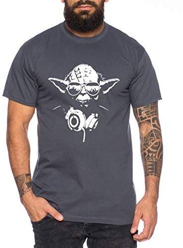 Yoda - Herren T-Shirt DJ YODA Jedi Ritter The Empire Turntables Music Rave House Trance Techno Geek, M, Dunkelgrau
