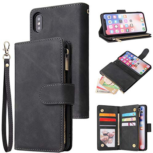 UEEBAI Wallet Case for iPhone X iPhone Xs, Premium Vintage PU Leather Magnetic Closure Handbag Zipper Pocket Case Kickstand Card Holder Slots with Wrist Strap TPU Shockproof Flip Cover - Black