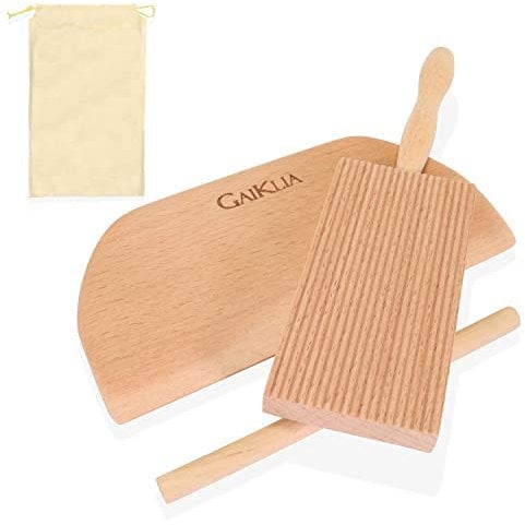 Gaiklia Gnocchibrett mit Pennestab - Authentisches europäisches Buchenholz Garganelli Hausgemachte Nudelabstreifer - komplett mit Penne Rolling Dowel Pin und Butterteigschneider