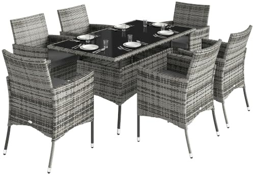 Outsunny 7-Piece Rattan Garden Furniture Dining Set 6 Seater Grey