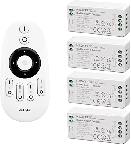 LIGHTEU®, Milight Miboxer Fernbedienungskit: Packung mit 4x zweifacher weißer Farbtemperaturregler (warmweiß bis kaltweiß) mit 1 x drahtloser 4-Zonen-RF-Fernbedienung 4x fut035S + fut007