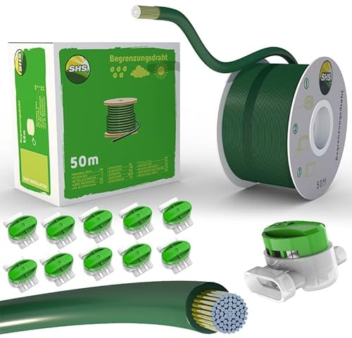 50m Begrenzungskabel + 10 GRÜNE Kabelverbinder für Mähroboter Rasenmäher Rasenroboter Zubehör SET Begrenzungsdraht für Suchkabel - kompatibel mit GARDENA/BOSCH/HUSQVARNA/WORX/HONDA/ROBOMOW