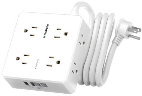 Surge Protector Power Strip - 6 Ft Flat Plug Extension Cord with 8 Widely Outlets and 4 USB Ports(2 USB C), 3 Side Outlet Extender for Home Office, White, ETL Listed