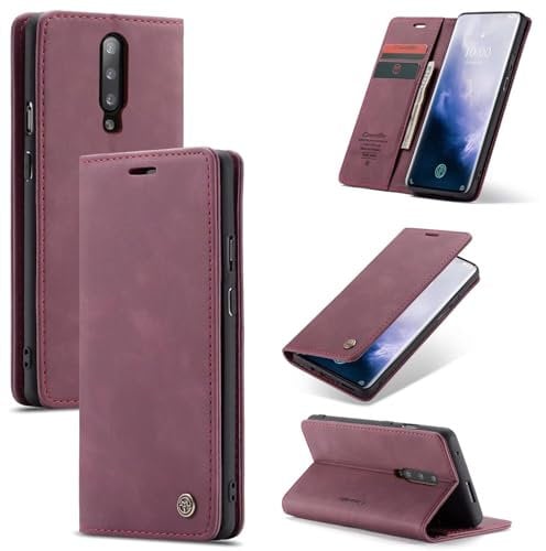 SLWYF Compatible with OnePlus 7 Pro Case, Leather Wallet Case, Flip Wallet Leather Case with Card Slot Kickstand Phone Cases Cover for OnePlus 7 Pro - Red