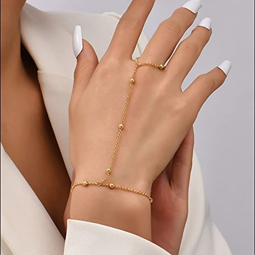 TseenYi Sklavenfingerring Armband Boho Fingerring Armband Gold Perlenkette Sklavenfingerring Handgeschirr Schmuck Für Frauen Und Mädchen(1 Stück)