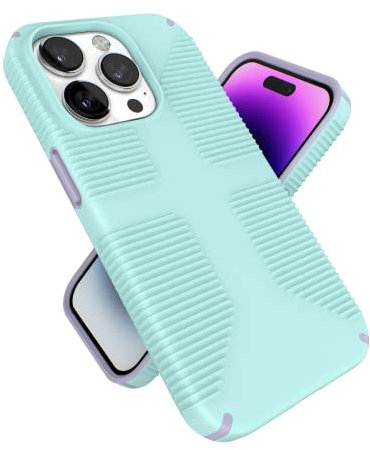 Speck Schutzhülle für iPhone 14 Pro, schlanke Handyhülle, Fallschutz, Kratzfest und vergilbungsfrei, mit rutschfestem Griff, für iPhone 14 Pro 15,5 cm (6,1 Zoll), Blasscyan/Lila, 1 Stück