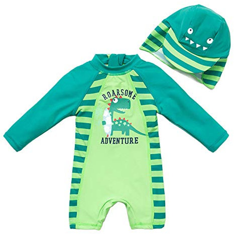 upandfast Maillots de Bain Mignons pour bébés garçons Maillot de Bain Protection Solaire UPF 50+ à Manches Longues avec Chapeau (Dinosaures, 3-6 Mois)