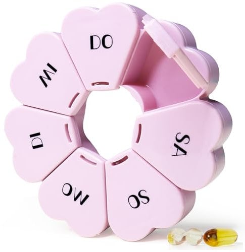 MOLN HYMY Pilulier hebdomadaire mignon 7 jours, pilulier rond floral 1 fois par jour, grand distributeur de médicaments pour vitamines/huile de poisson/médicaments/compléments (rose violet)