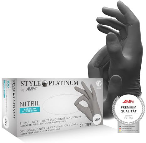 AMPri Guanti in nitrile, grigio argento, platino, 100 pezzi/scatola, taglia XS, senza polvere, stile PLATINUM by Med-CComfort: guanti monouso in nitrile nelle taglie XS, S, M, L, XL
