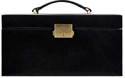 Time Resistance Leder Schmuckkästchen - Schwarz Schmuckaufbewahrung - Schmuck Verstauen - Schmuckkasten mit Spiegel - Schmuck Organizer mit Vielen Fächern - Jewelry Box