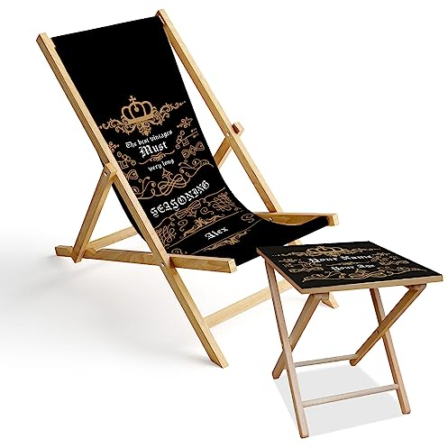 Ferocity Holz-Liegestuhl und Tisch Set | Personalisierbar Klappbar Klappliegestuhl Sonnenliege Strandstuhl | Birkenholz | Gartentisch 40 x 40 x 47 cm | Motiv Vintage [119]