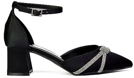 Womens Wedding Shoes Block Low Heel Ladies Ankle Strap Pointed Toe Sparkly Diamante Trim Black Bridal Evening Party Court Shoes 7