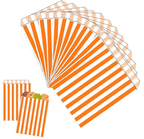 100 Orange Gestreifte Papiertüten, 12x18cm, SchenkePapiertüten, Schokolade, Bonbons und Plätzchen Für Kinder,Pommes und Dergleichen, Feten Für die Weihnachtsfeier und die Geburtstage.