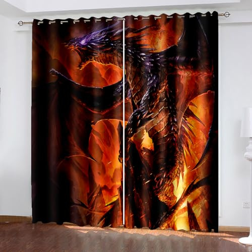WIKINGER Gardinen ösenschal 2er Set B 120 X H 140 cm 3D Drache Vorhang Blickdicht Kälteschutz Schallschutz Verdunkelung Wärmeisolierende Vorhänge für Wohnzimmer Schlafzimmer