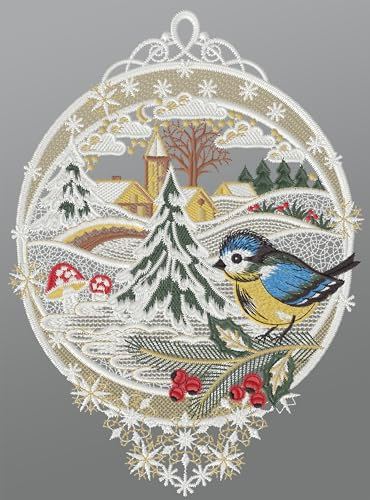 Plauener Spitze Fensterbild Winteridylle (BxH) 20cm x 27cm, Mehrfarbig, Fensterdekoration und Fensterschmuck