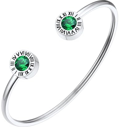 FindChic Grüner Stein Armreif Damen Edlestahl Römische Ziffer Armbänder Geburtsstein Smaragd Armkette Offen Armschmuck für Muttertag Valentinstag Geburtstag Weihnachten