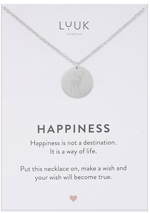 LUUK LIFESTYLE Halsketten mit Anhänger und Happiness Spruchkarte | aus wasserfestem Edelstahl, filigranes Design, moderner Damenschmuck, Geschenkidee, Silber, Gold, Rosé
