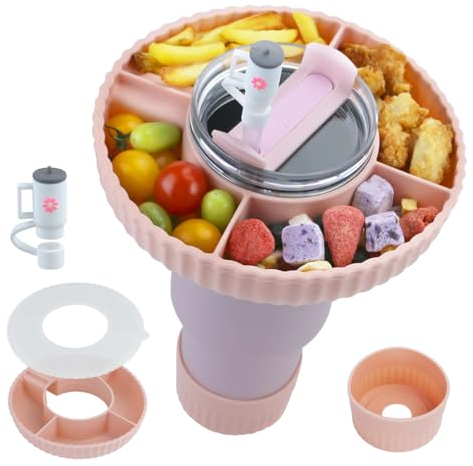 Cartlant Stanley Snack Tray with Lid, Reusable Snack Bowl with Boot, Straw Cover, 4 Compartments for Travel Cup 40 oz, Silicone Food Plate Holder Movie Night for Stanley Cup Accessories(Pink)