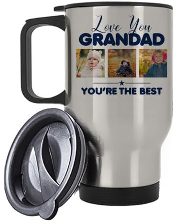 Personalised Photo, Father's Day Gift, Love You Grandad You're The Best, Insulated Travel Mug, Tea, Coffee Mug. (Silver)