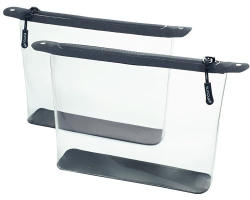 Lot de 2 trousses de toilette transparentes certifiées TSA - Transparentes et étanches - Pour bagage à main - Fermeture éclair - En TPU - Accessoire de voyage pour avion - 1 litre, transparent,
