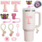 9 piezas compatibles con accesorios de taza Stanley, cubiertas de pajita de letra inicial de mariposa y accesorios de dije de mariposa con cadenas para vasos de 20, 30 y 40 onzas con asa, 10 mm (T)