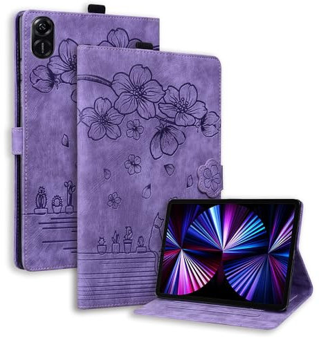 TEDTIKJT Funda para Honor Pad X9/Honor Pad X8 Pro 11.5 Pulgadas Carcasa PU Cuero Folio Fundas con Magnético Soporte Protección Tablet Cover para Honor Pad X9/X8 Pro Funda,Flores Cerezo Gatos Morado