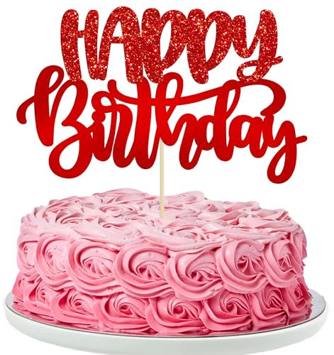 Gyufise 1Pcs Glitter Happy Birthday Cake Topper for Celebrating Anniversary Theme Party Cake Decorations Supplies Red