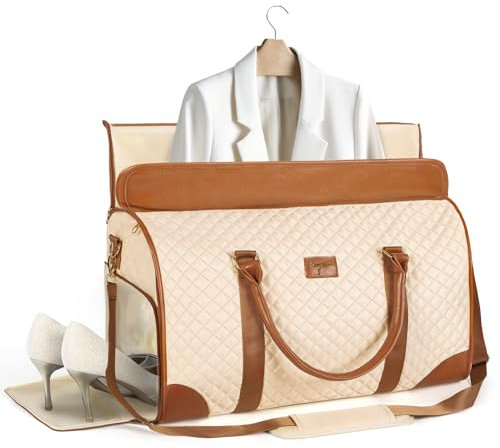 Tonyeee 2 in 1 Kleidersack Reisetasche Damen, Wandelbarer Kleidersack zum Mitnehmen großer wasserdichter Seesack aus PU-Leder mit Schuhbeutel, Sporttasche Handgepäck Tasche für Weekend Beige