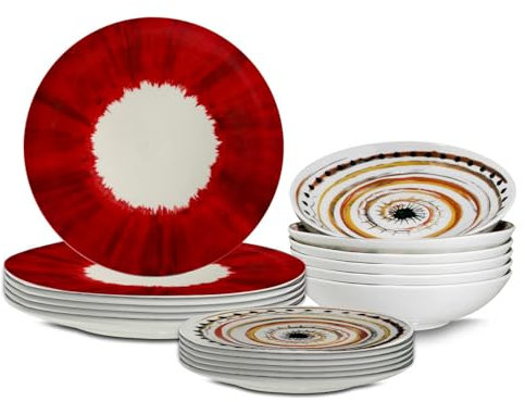 ARCA, Set 18 Piatti Coordinati Apulia Spirale in Porcellana, Servizio per 6 Persone, con Piatti Fondi, Piani e da Dessert, Rosso