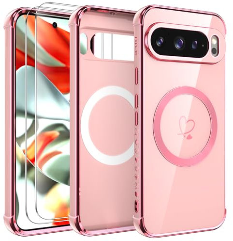 Vansdon Cover per Google Pixel 9 Pro XL Custodia, con 2 Pellicole Protettive per Schermo,[Antiurto per Tutto il Corpo], Case Magnetica per Telefono Love Heart Plating per Donne-Rosa