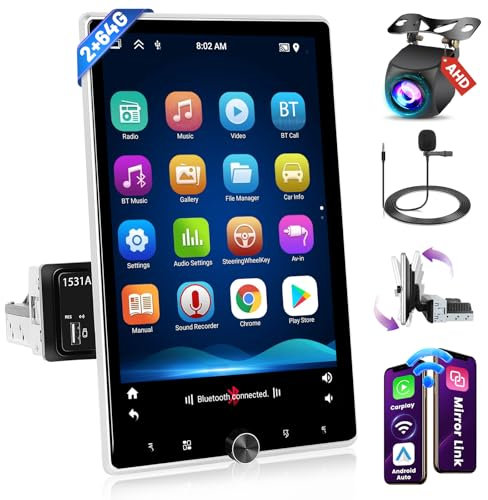 Inefala Android 15 Autoradio 1 Din CarPlay con Schermo (2+64G) 10,4 Pollici Rotante Touchscreen Stereo Auto Bluetooth con Wireless Android Auto Mirror Link FM RDS GPS WiFi Telecamera Posteriore USB