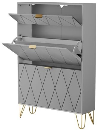 UEV Tilting Shoe Cabinet, Shoe Rack for 16 Pairs, 3 Compartments (2 Shoe Storage + 1 Hidden Shelf) (80 x 24 x 120 cm, Black) (Grey)