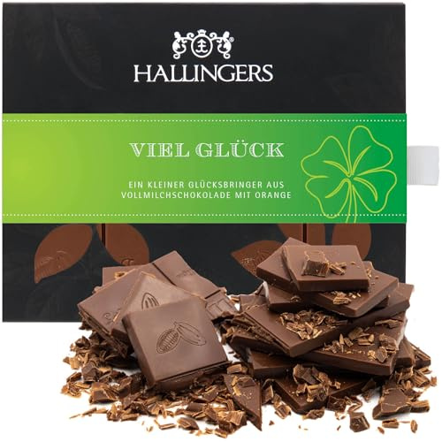 Hallingers Genuss Manufaktur Schokolade Glückwunsch-Geschenk - Tafel handgeschöpften Edelkakaos ohne Alkohol edler Karton Viel Glück Orange, Geschenkidee für Frauen Männer