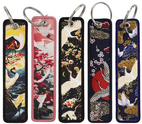 5 Pièces Porte-clés De Dessin Animé Japonais Porte-clés De Broderie Porte-clés De Grue Porte-clés De Porte-clés D'étiquette Tissée pour Sacs À Dos, Portefeuilles, Clés De Voiture De