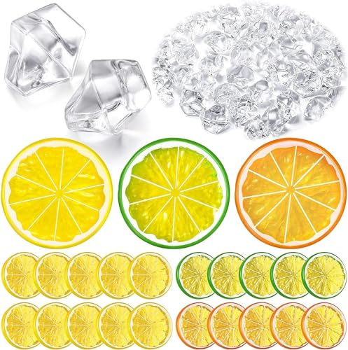 GIUSOBG 20 Künstliche Zitronenscheiben 200 Klare Gefälschte Crush-Eiswürfel | Crush Eis Deko für Party Künstliche Früchte und Acryl-Diamant-Klares EIS für Party-Festival-Dekoration, Fotografie-Requisiten