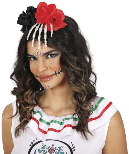 FIESTAS GUIRCA | Skelett Hand Haarreif mit Blumen - Schickes Zubehör für Halloween und Día de Muertos Kostüme - Tag der Toten Haarreif Ideal für Karneval und Fasching