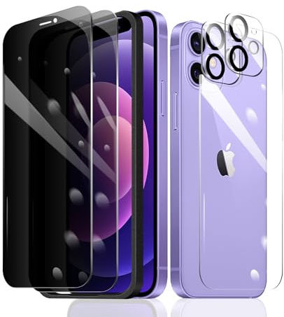 Fylnatc 2×Privacy Screen Protector for iPhone 12 + 2×Camera Lens Protector + 1×Back Tempered Glass Film + 1×Installation Frame, Anti Spy 9H Hardness Bubble Free Impact-Private Protection