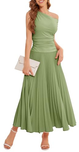 Bbonlinedress Vestido de cóctel largo plisado con un hombro descubierto, formal, para invitada de boda, verano, diario, fiesta, verde ( Bean Green ), S