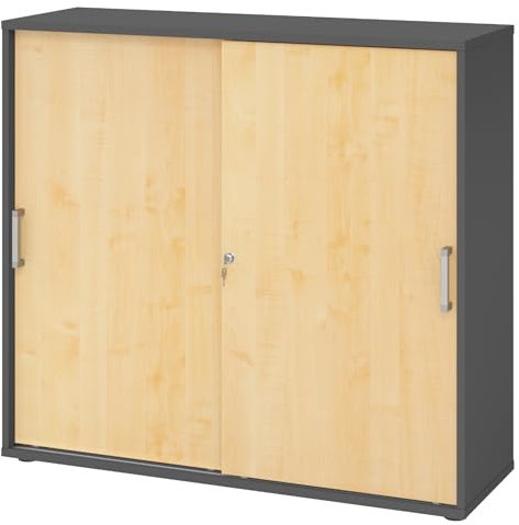 bümö Schiebetürenschrank 3OH - Aktenschrank abschließbar, Sideboard Schrank mit Schiebetüren in Graphit/Ahorn, Chromgriff - Büroschrank aus Holz mit Schiebetür, Büro Kommode für Ordner & Co.