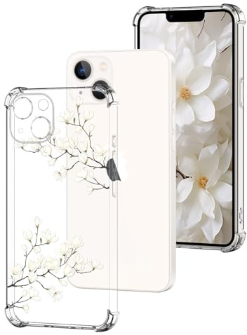 DiaryTown Transparent Hülle für iPhone 13 HandyHülle, Weiß Orchidee | für iphone 13 Case, Süß Muster, TPU Silikon, Kratzfest, Stoßfeste Schutzhülle, Kameraschutz, Anti-Vergilbung, Durchsichtig