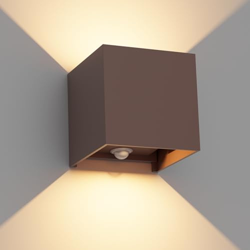 Klighten 12W Aussenlampe Außenlampe mit Bewegungsmelder,Außenwandleuchte mit bewegungsmelder Einstellbarer Lichtstrahl,LED Wandleuchte Up Down Außen/Innen für Garten,IP65,Warmweiß 2700K,Rostrot
