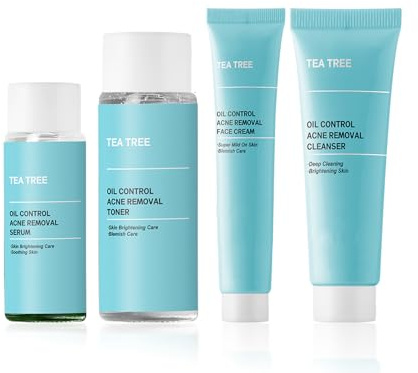 Tea Tree Acne Skincare Set, 4PCS Facial Skin Care Kit with Cleanser, Toner, Serum and Cream, Oil Control and Pore Minimizing Acne Treatment for Oily, Acne-Prone Skin, for Teenagers and Adult Gift Set