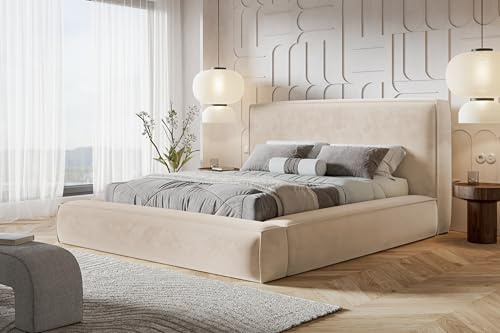 AlpiMeble Bett 120x200 - Polsterbett mit Bettkasten und Holzrahmen - Modern Bett - Eleganter Amor-Velvet-Stoff - Kollektion Luna Maxi - Beige