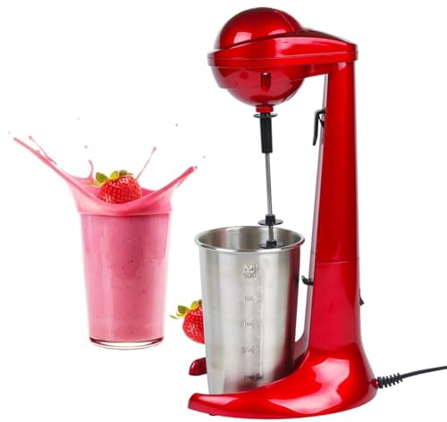 Batido retro rojo, potente espumador de leche de 100 W, con taza de mezcla de acero inoxidable de 500 ml, ideal para espumar leche, frappé, café helado, batidos de proteínas, batidos, masa de