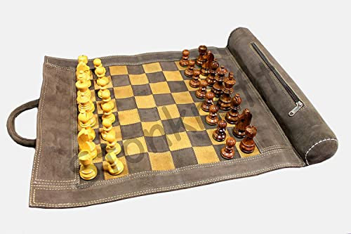 StonKraft 19 x 15 (Schachbrett Größe 12 x 12) Echtes Roll-up Leder Schachspiel - Mit Holz Schachfiguren - braun grau | Kommt mit einem innovativen Tragetasche