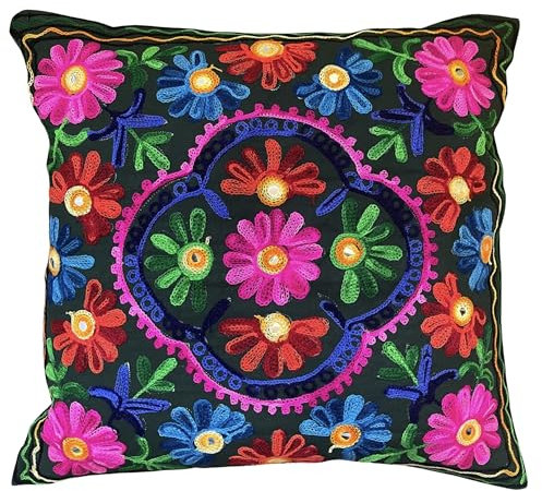 Kissenbezüge, dekorativ, Bestickt, Mandala-Blumenmuster, Ethno-Boho-Kissenbezug, Leuchtend bunter Bohemian-Bezug für Sofa, Couch, handgefertigter Schlafzimmer, Wohnzimmer, 40 x 40 cm (16 x 16 Zoll)